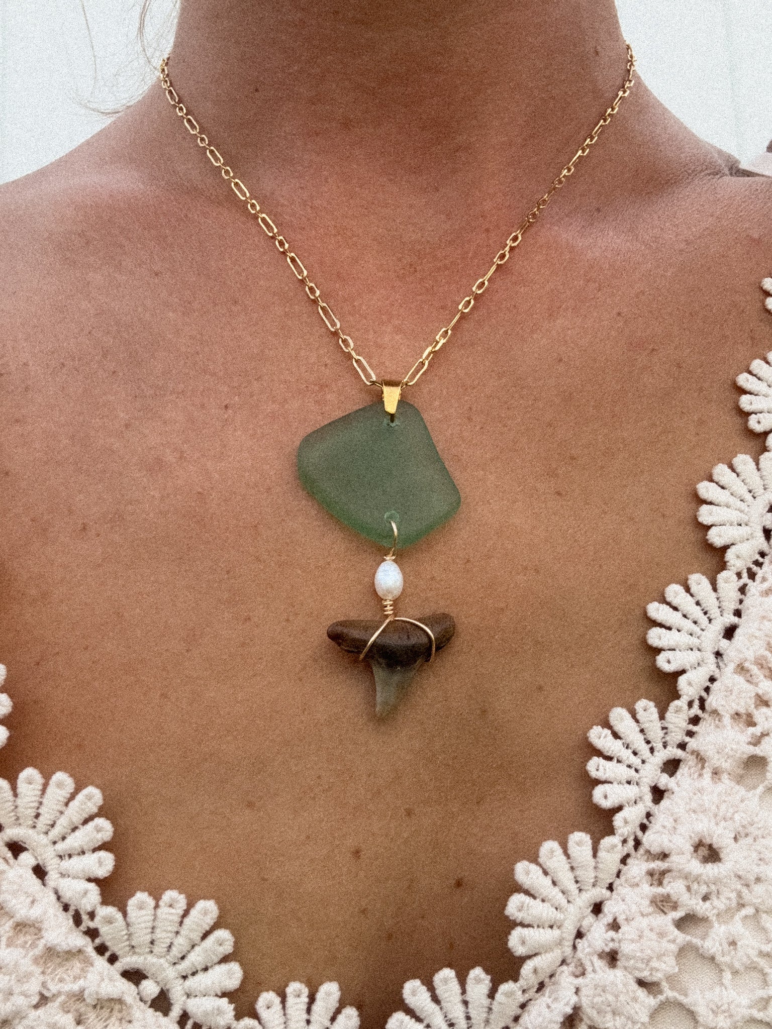 Seaglass+shark tooth necklace