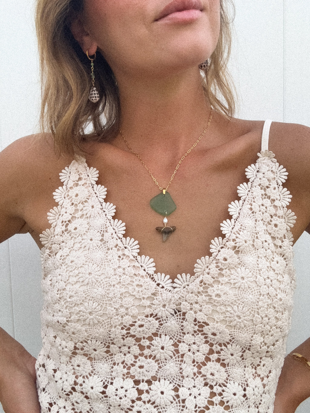 Seaglass+shark tooth necklace